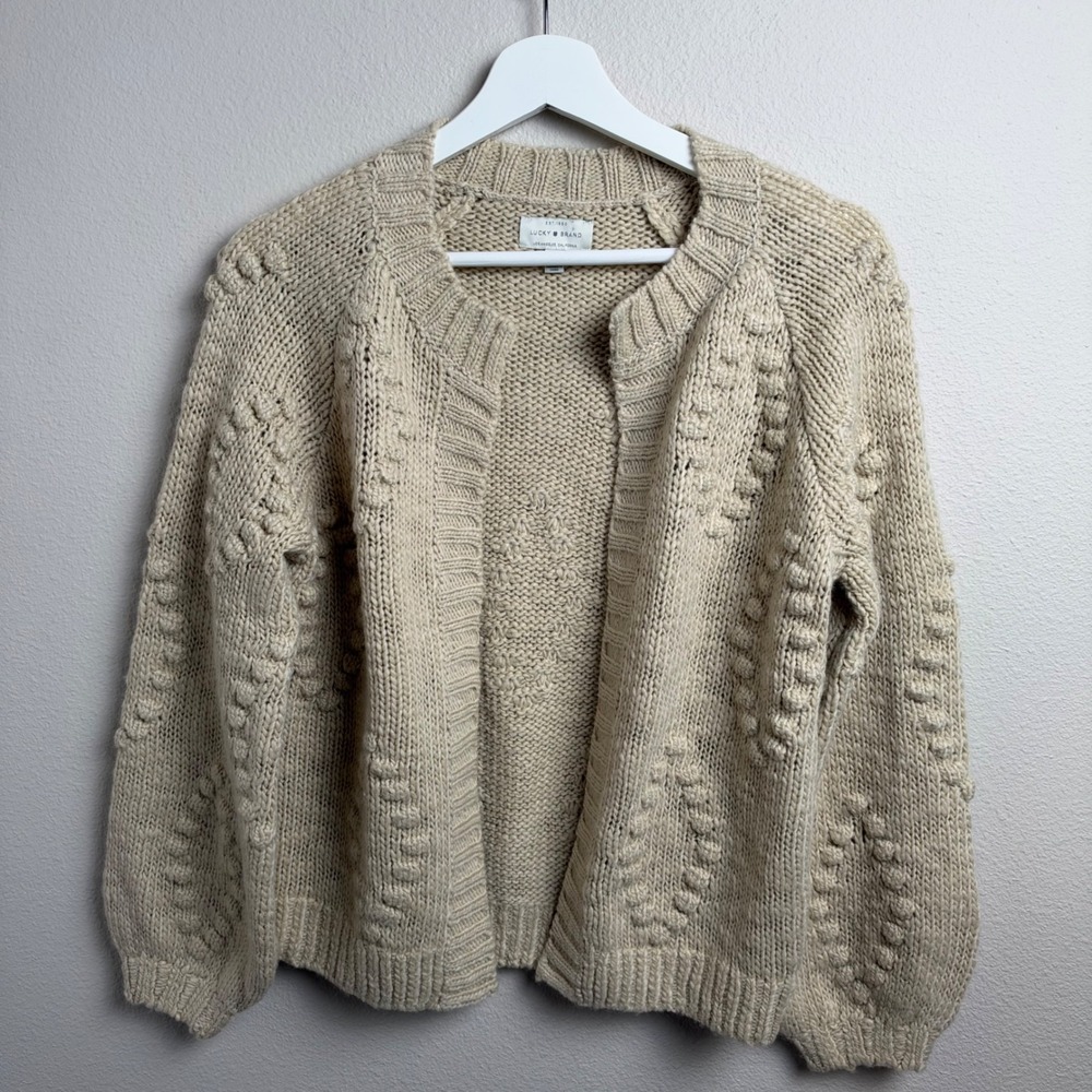 Lucky Brand Bobble Knit Cardigan Sweater Size XS Beige Open Front Chunky